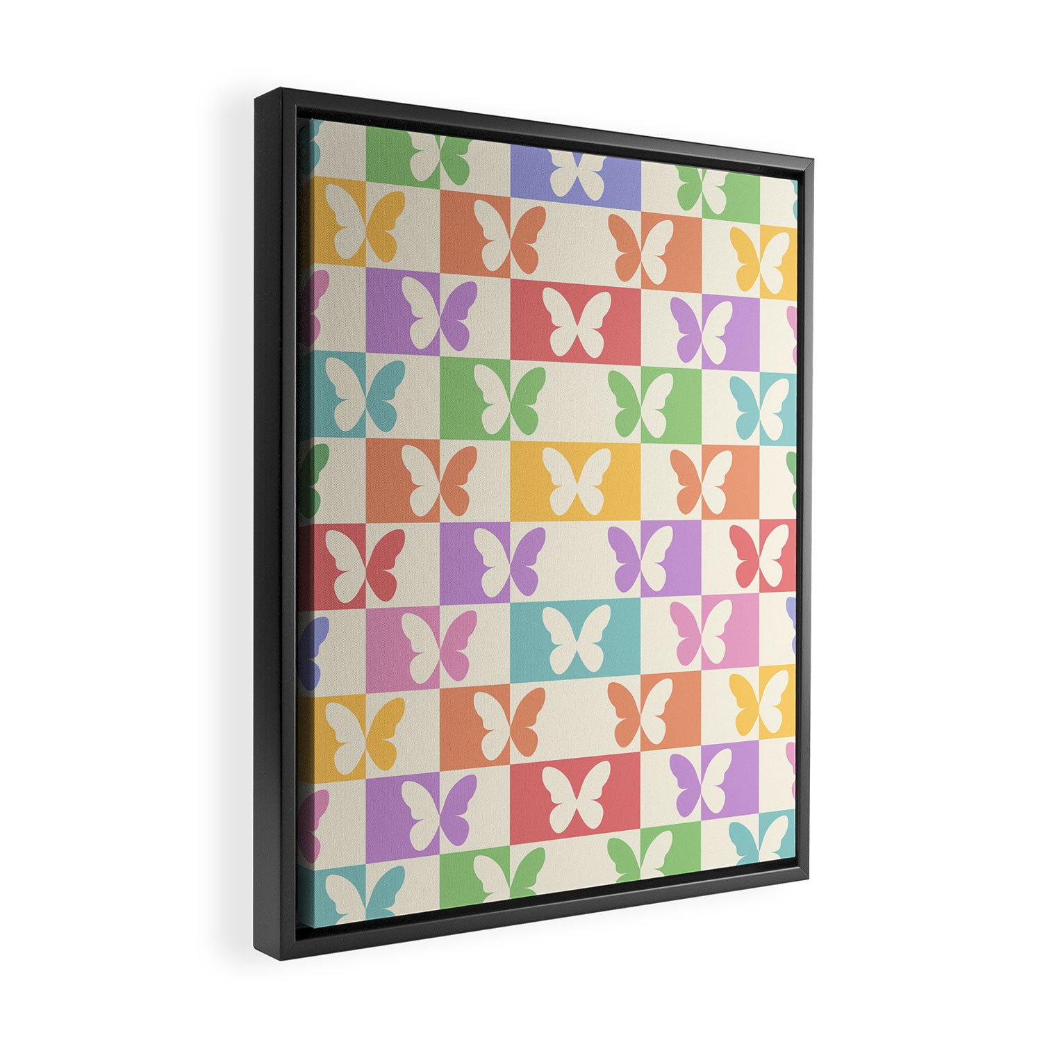 Retro Colorful Butterfly Checkered Pattern Framed Canvas Print Gallery Image 2