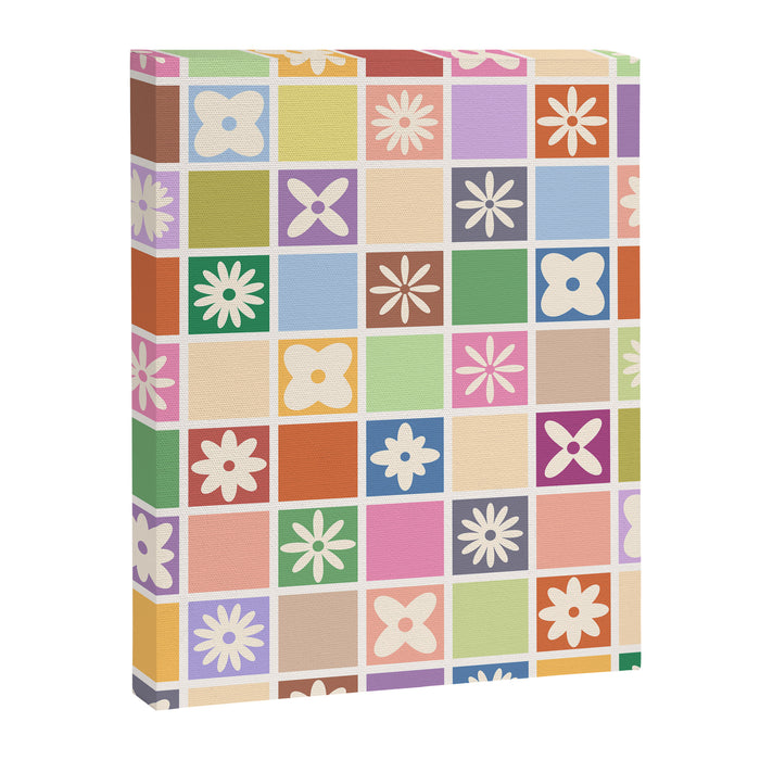 Retro Colorful Flower Checker Tiles Canvas Print Gallery Image 1