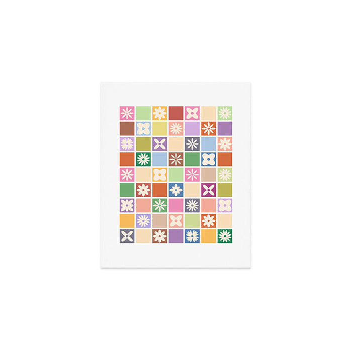 Retro Colorful Flower Checker Tiles Art Print Gallery Image 1