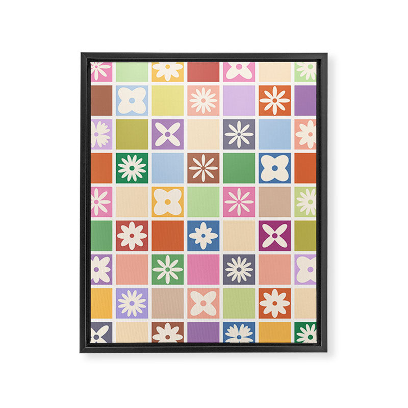 Retro Colorful Flower Checker Tiles Framed Canvas Print Gallery Image 8