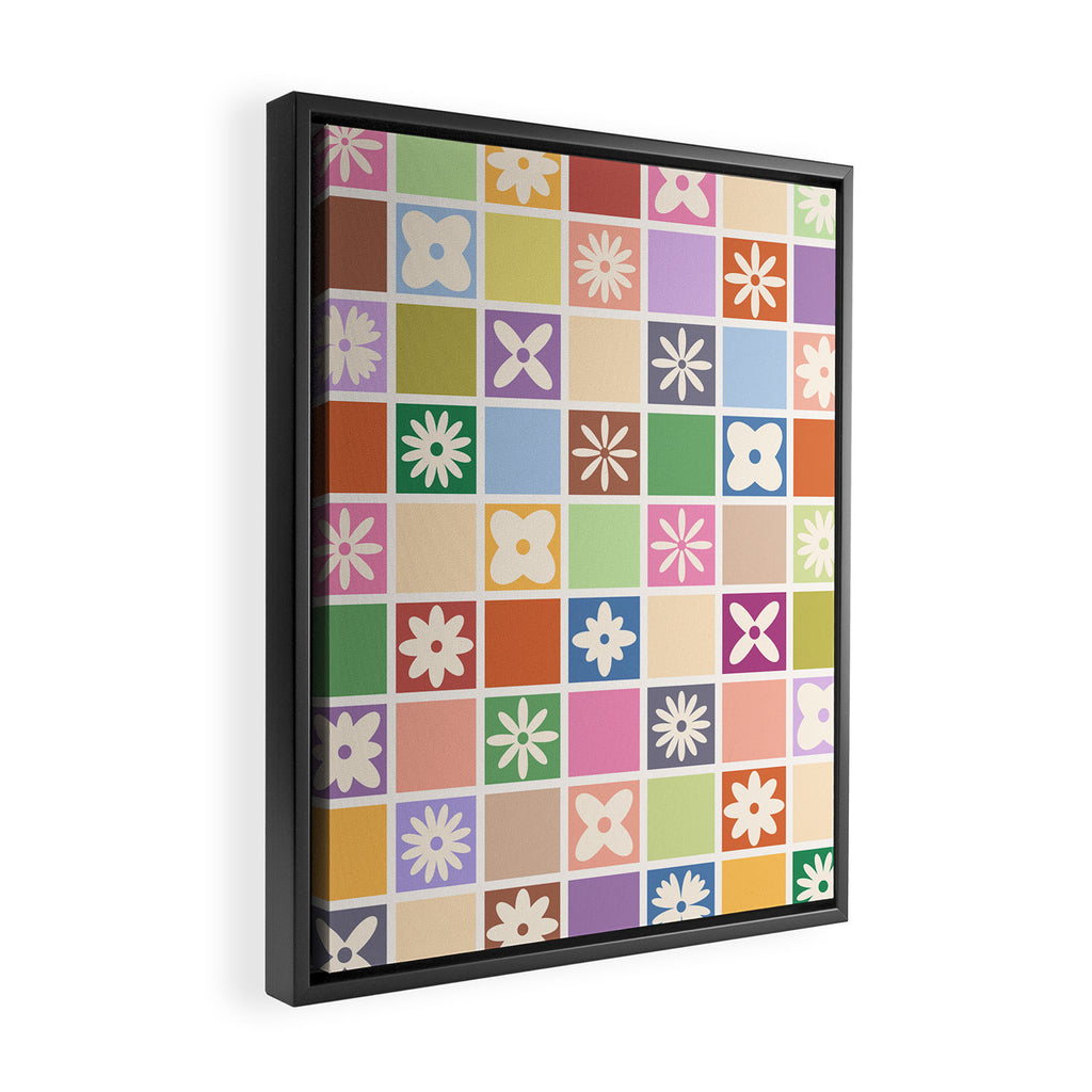 Retro Colorful Flower Checker Tiles Framed Canvas Print Gallery Image 2