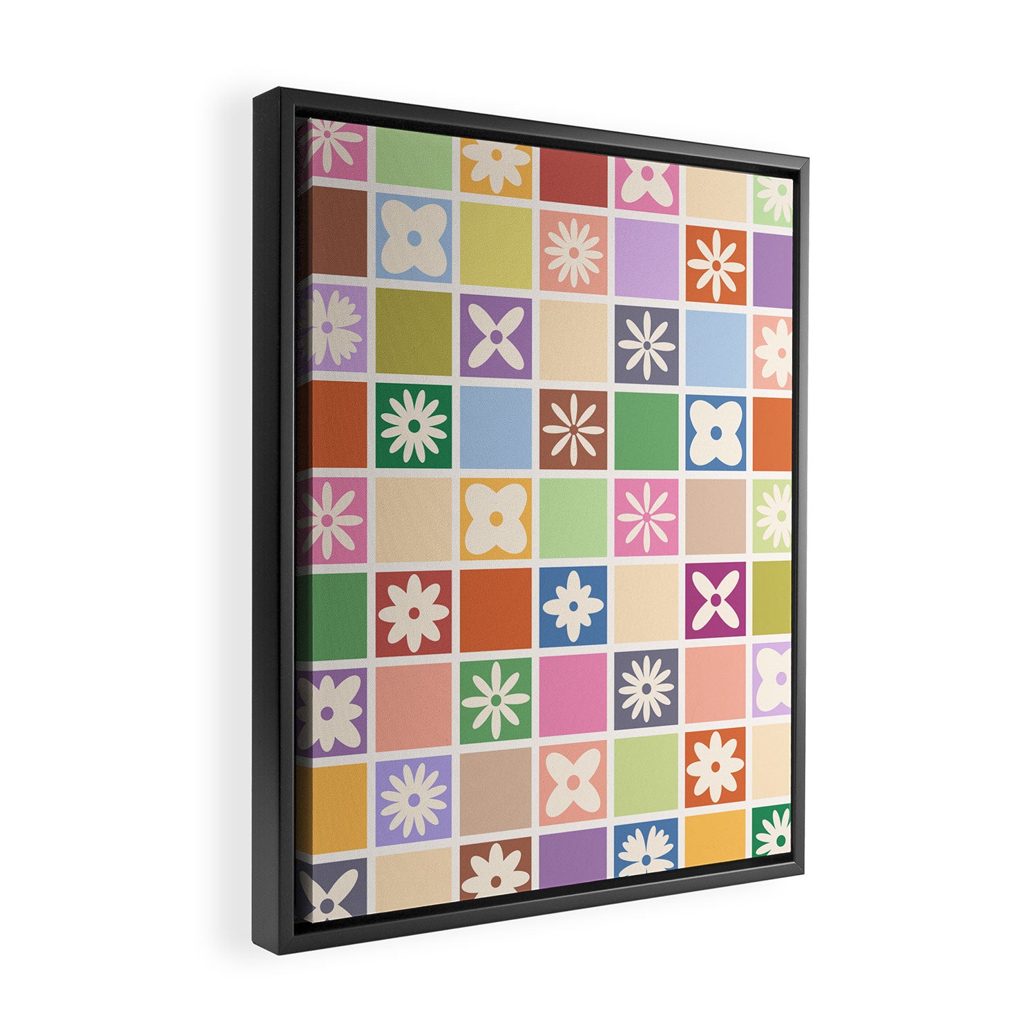 Retro Colorful Flower Checker Tiles Framed Canvas Print Gallery Image 2