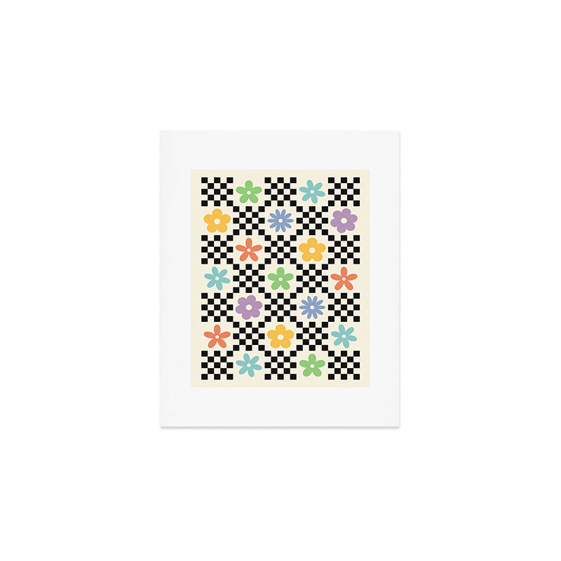 Retro Colorful Flower Double Checker Art Print Gallery Image 1