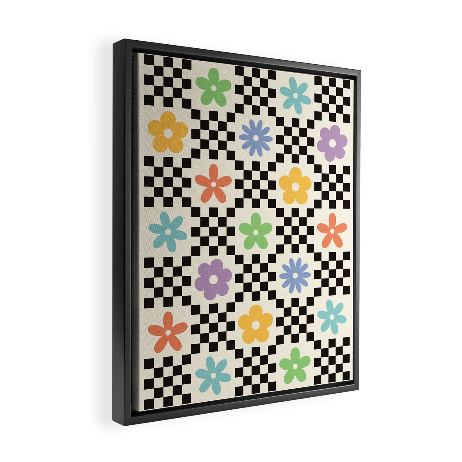 Retro Colorful Flower Double Checker Framed Canvas Print Gallery Image 2