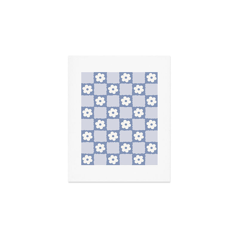 Retro Daisy Flower Checker in Blue  Art Print Gallery Image 1