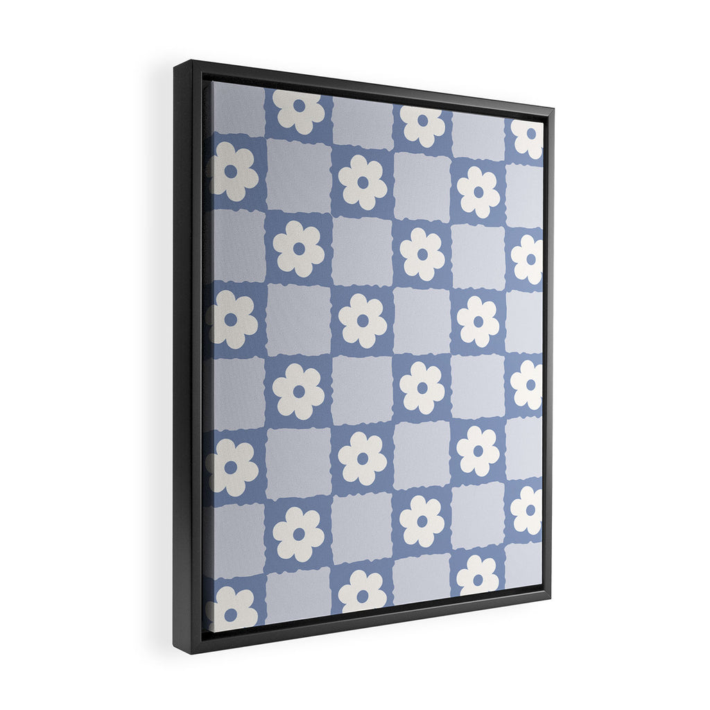 Retro Daisy Flower Checker in Blue  Framed Canvas Print Gallery Image 2