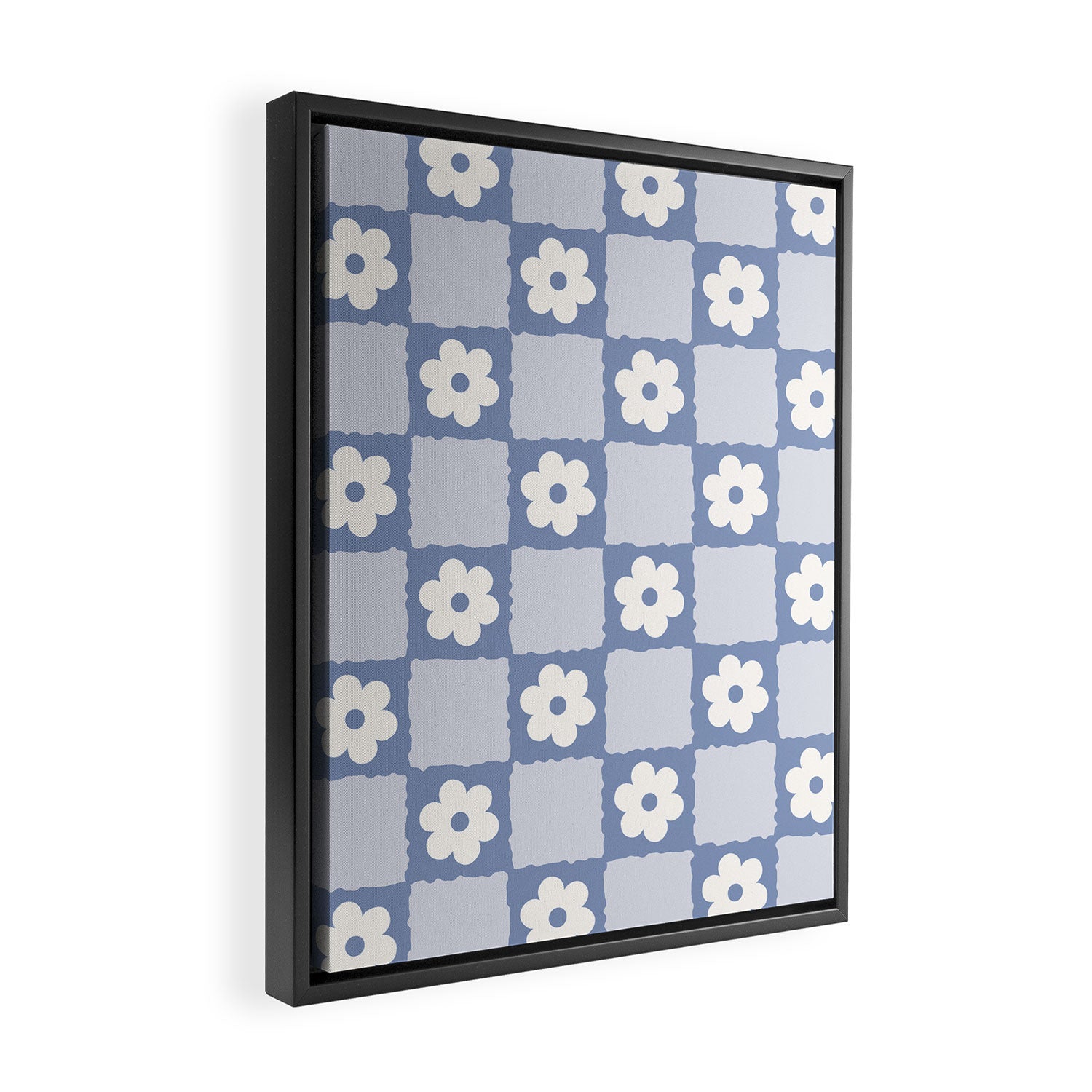 Retro Daisy Flower Checker in Blue  Framed Canvas Print Gallery Image 2