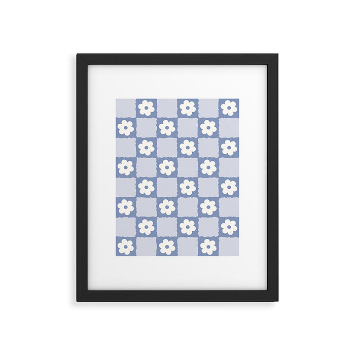Retro Daisy Flower Checker in Blue  Framed Art Print Gallery Image 1