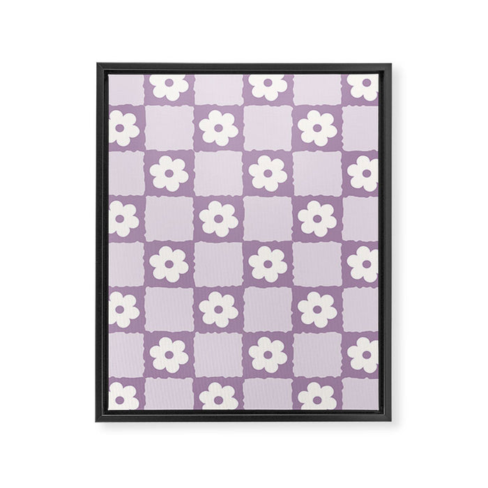 Retro Daisy Flower Checker in Purple Framed Canvas Print Gallery Image 1