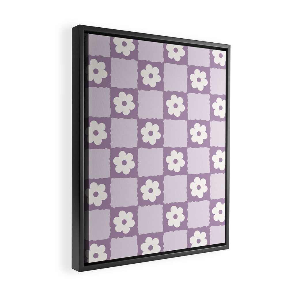 Retro Daisy Flower Checker in Purple Framed Canvas Print Gallery Image 2