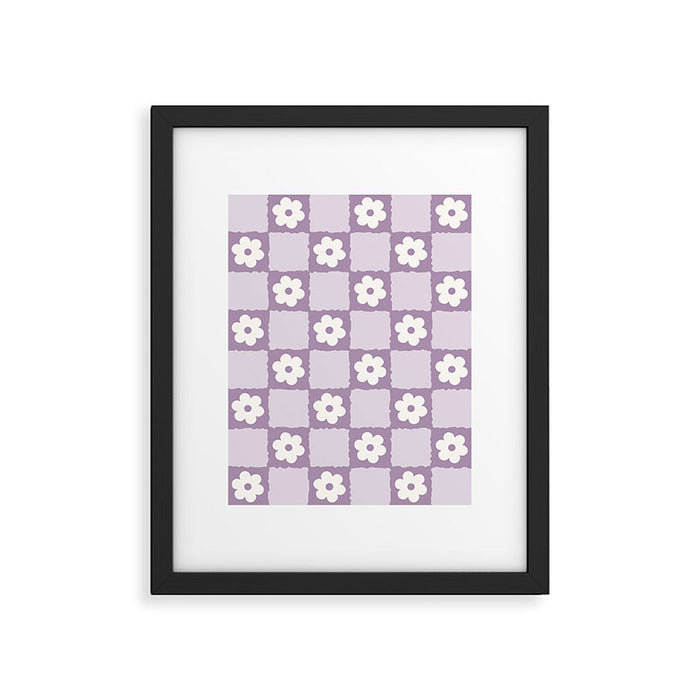 Retro Daisy Flower Checker in Purple Framed Art Print Gallery Image 1