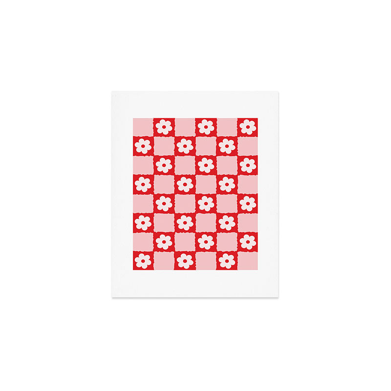 Retro Daisy Flower Checker in Red Art Print Gallery Image 1
