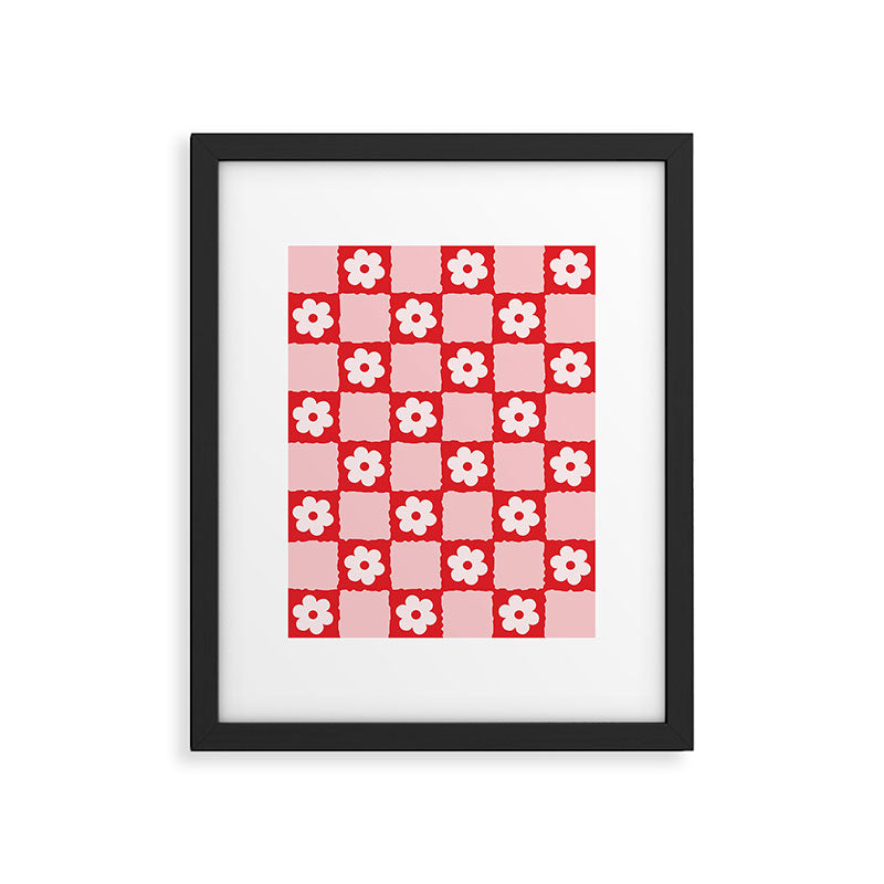 Retro Daisy Flower Checker in Red Framed Art Print Gallery Image 6