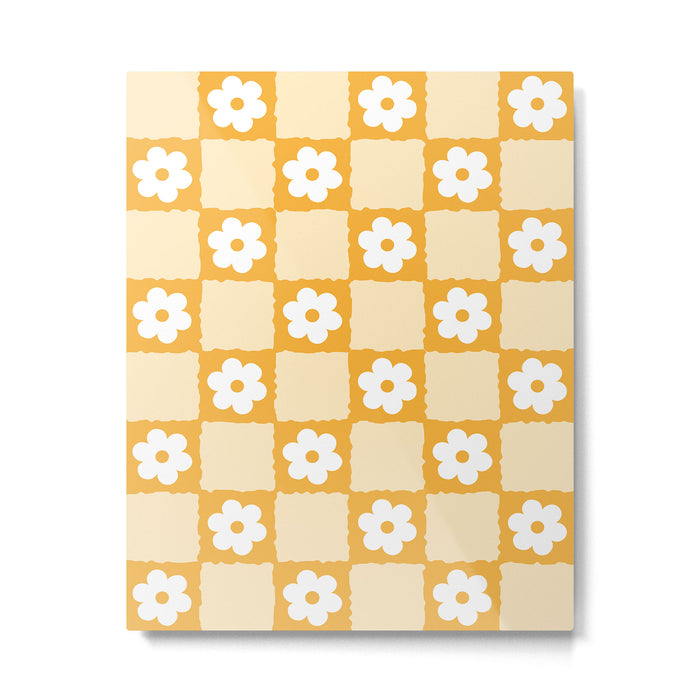 Retro Daisy Flower Checker in Yellow Metal Print Gallery Image 1