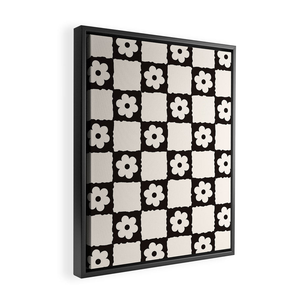 Retro Flower Checker in Black&White Framed Canvas Print Gallery Image 2