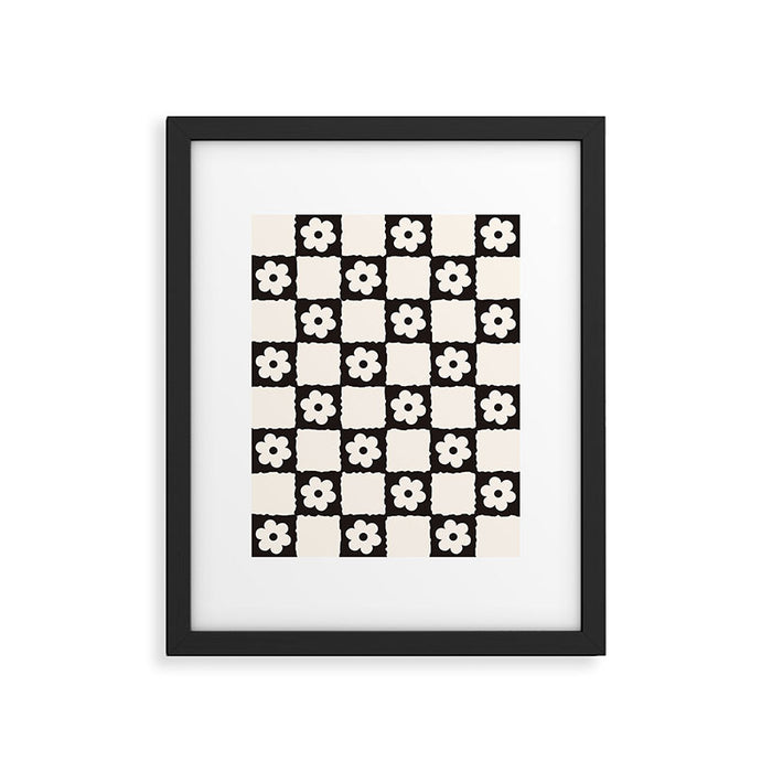 Retro Flower Checker in Black&White Framed Art Print Gallery Image 1