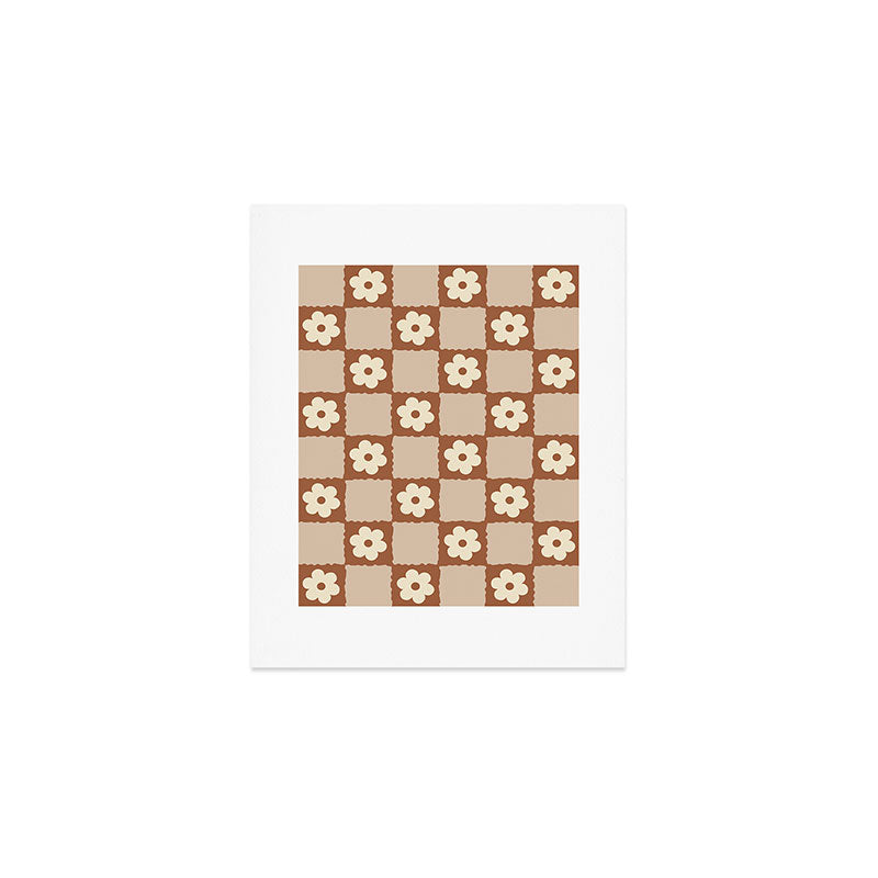 Retro Flower Checker in Brown Art Print Gallery Image 1