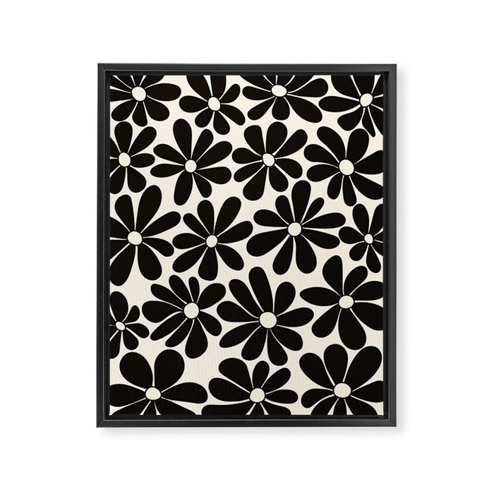 Retro Groovy Black & White Flowers Framed Canvas Print Gallery Image 1