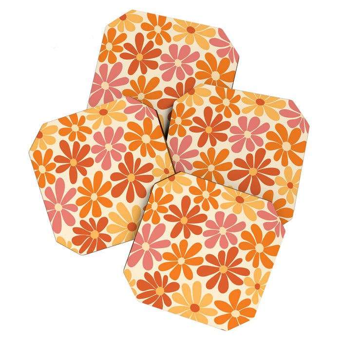Retro Orange, Yellow & Pink Flower Pattern Coaster Gallery Image 1