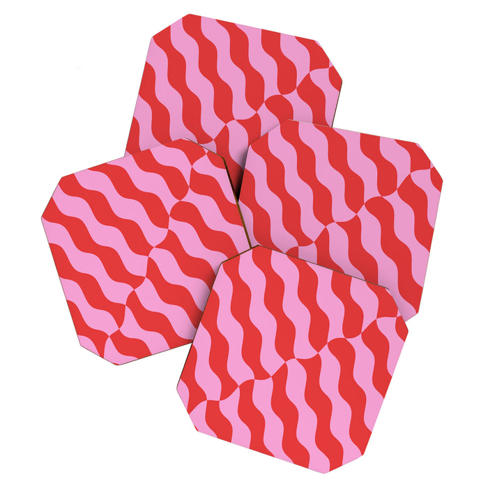 Retro Wavy Abstract Pattern in Red & Pink Coaster Gallery Image 1