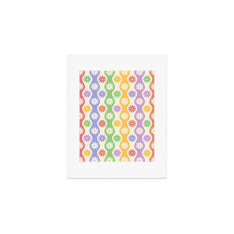 Retro Wavy Stripes with Colorful Flowers Art Print Gallery Image 1