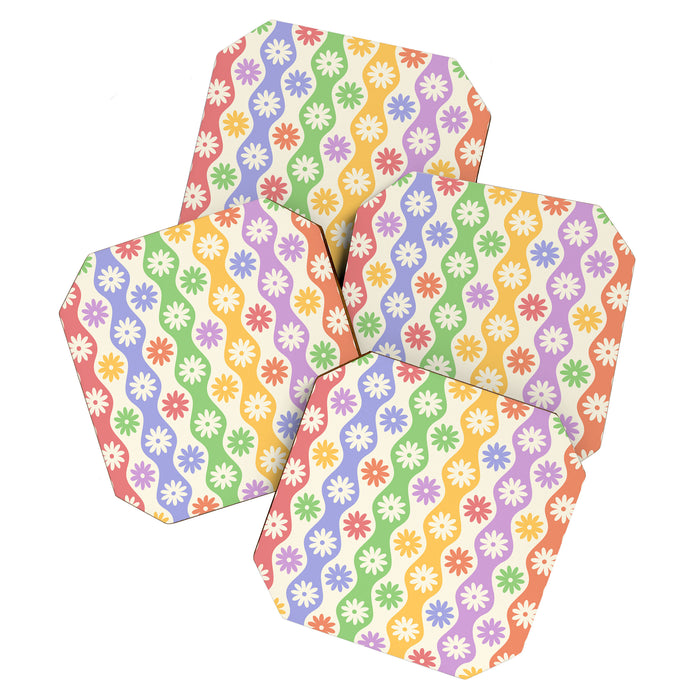 Retro Wavy Stripes with Colorful Flowers Coaster Gallery Image 1