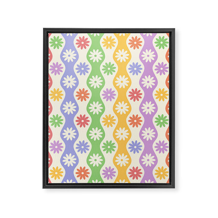 Retro Wavy Stripes with Colorful Flowers Framed Canvas Print Gallery Image 1