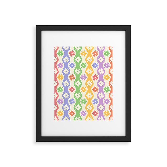 Retro Wavy Stripes with Colorful Flowers Framed Art Print Gallery Image 1