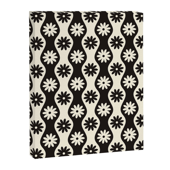Retro Wavy Stripes with Flowers in Black & Off White Canvas Print Gallery Image 1