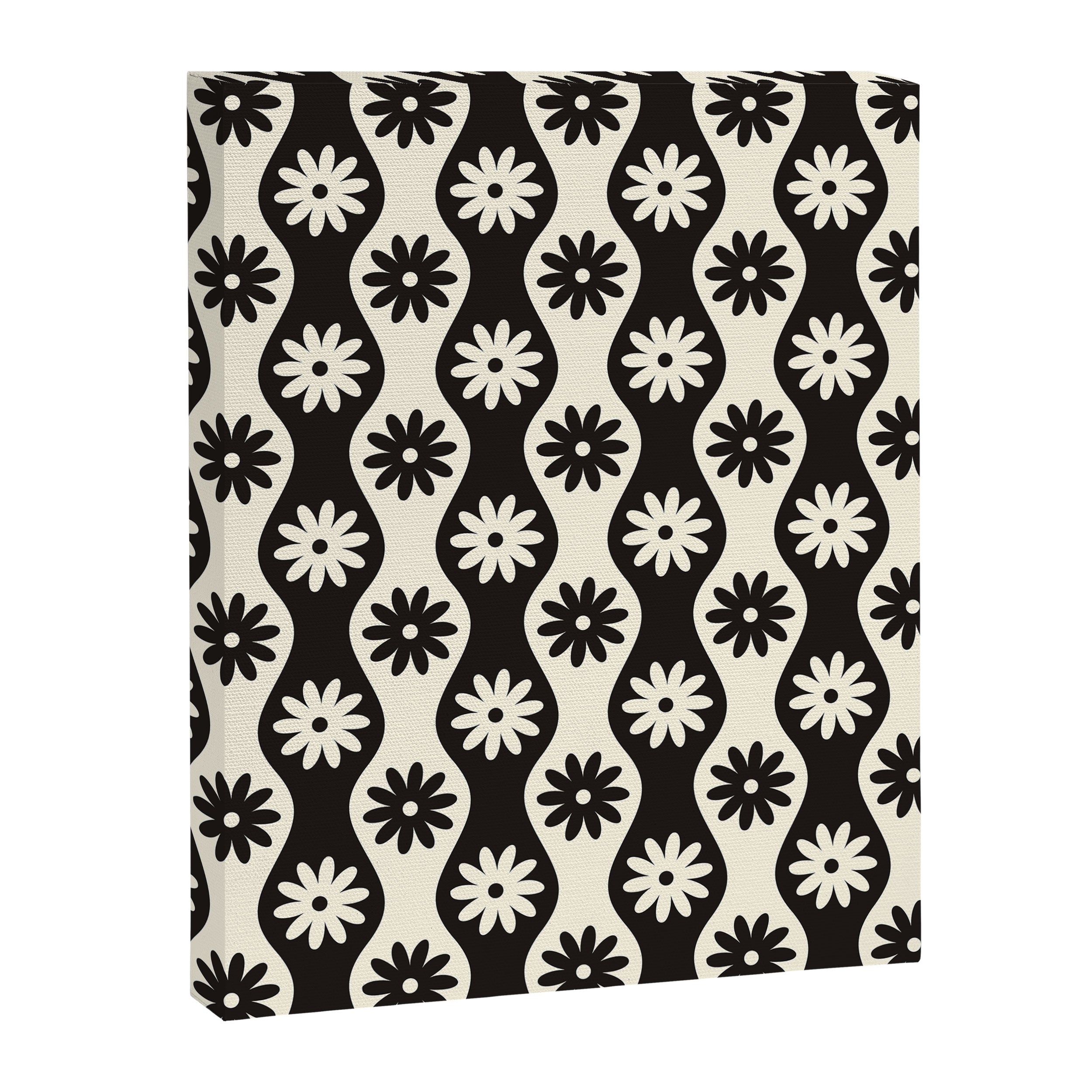 Retro Wavy Stripes with Flowers in Black & Off White Canvas Print Gallery Image 6