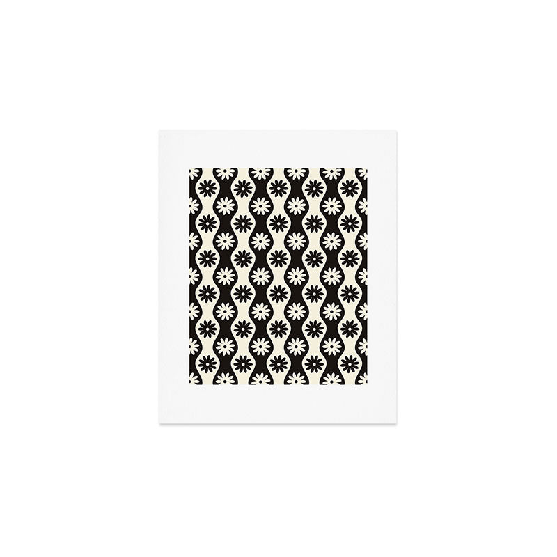 Retro Wavy Stripes with Flowers in Black & Off White Art Print Gallery Image 1