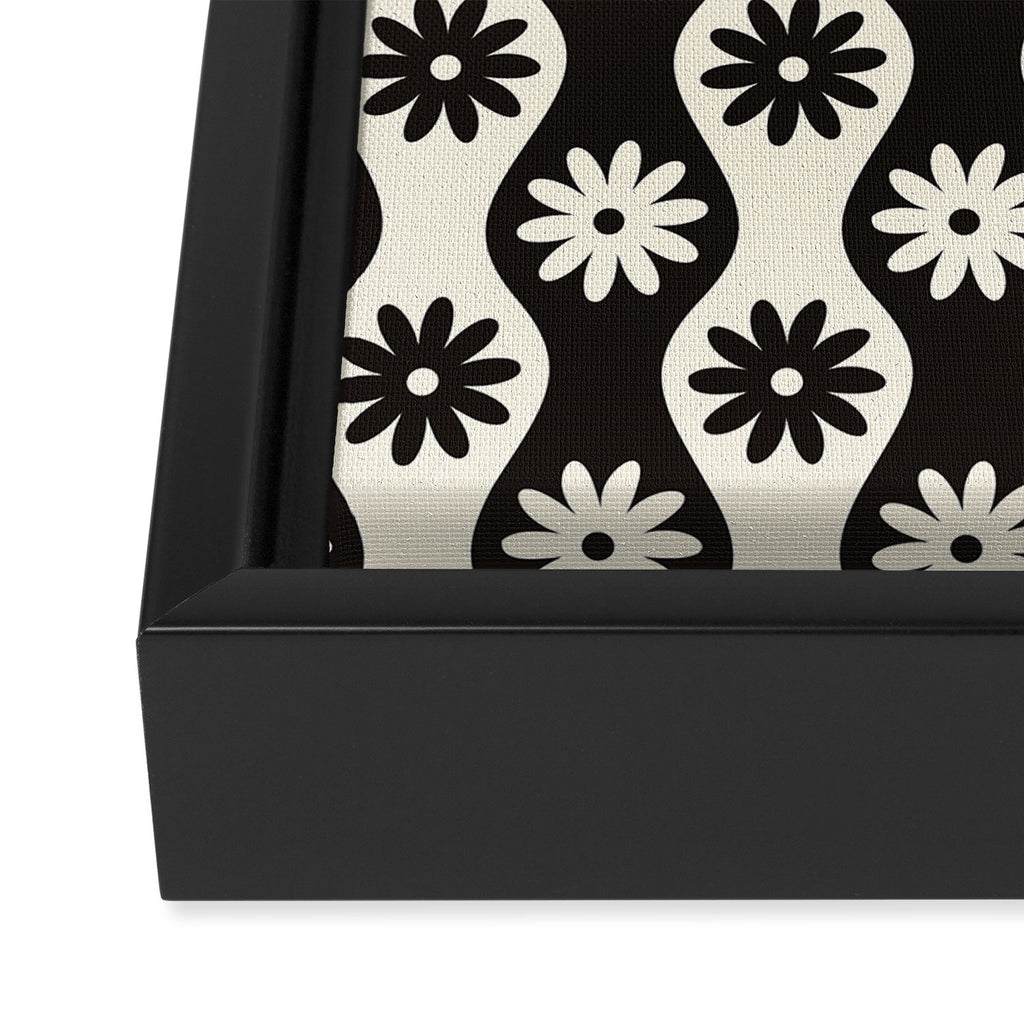 Retro Wavy Stripes with Flowers in Black & Off White Framed Canvas Print Gallery Image 3