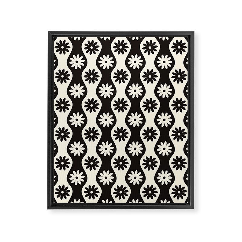 Retro Wavy Stripes with Flowers in Black & Off White Framed Canvas Print Gallery Image 6