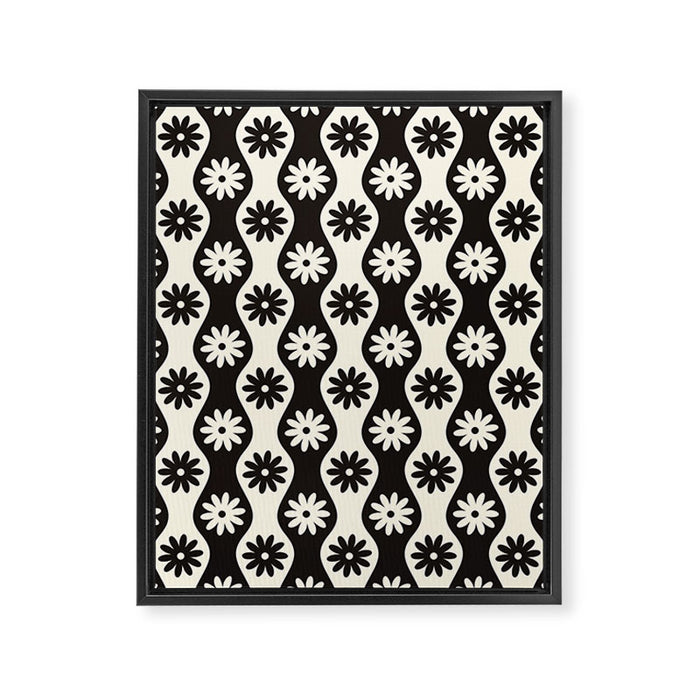 Retro Wavy Stripes with Flowers in Black & Off White Framed Canvas Print Gallery Image 1