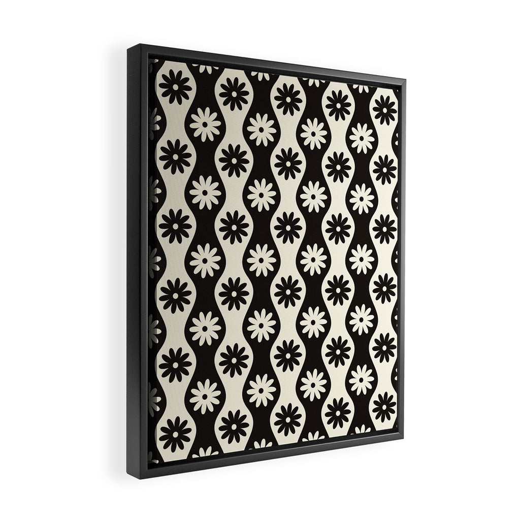Retro Wavy Stripes with Flowers in Black & Off White Framed Canvas Print Gallery Image 2