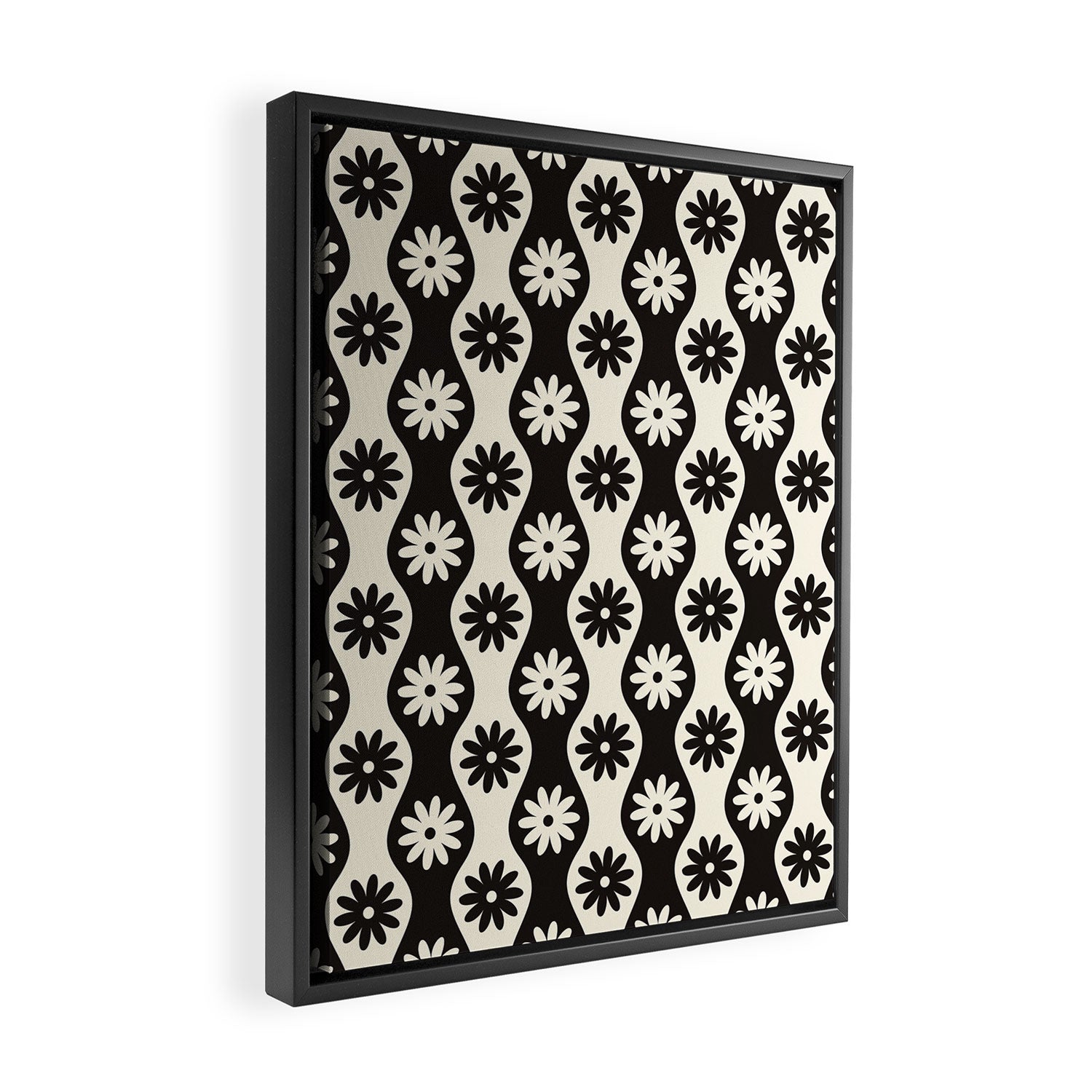 Retro Wavy Stripes with Flowers in Black & Off White Framed Canvas Print Gallery Image 2