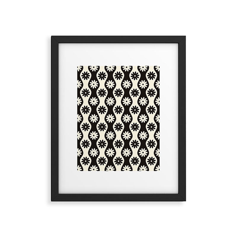 Retro Wavy Stripes with Flowers in Black & Off White Framed Art Print Gallery Image 5