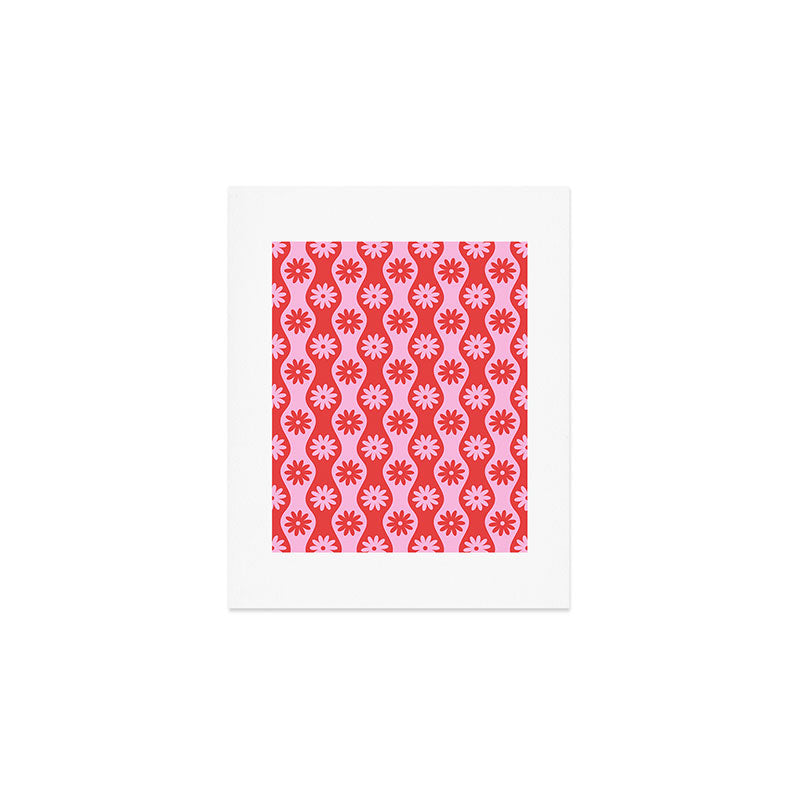 Retro Wavy Stripes with Flowers in Pink & Red Art Print Gallery Image 1