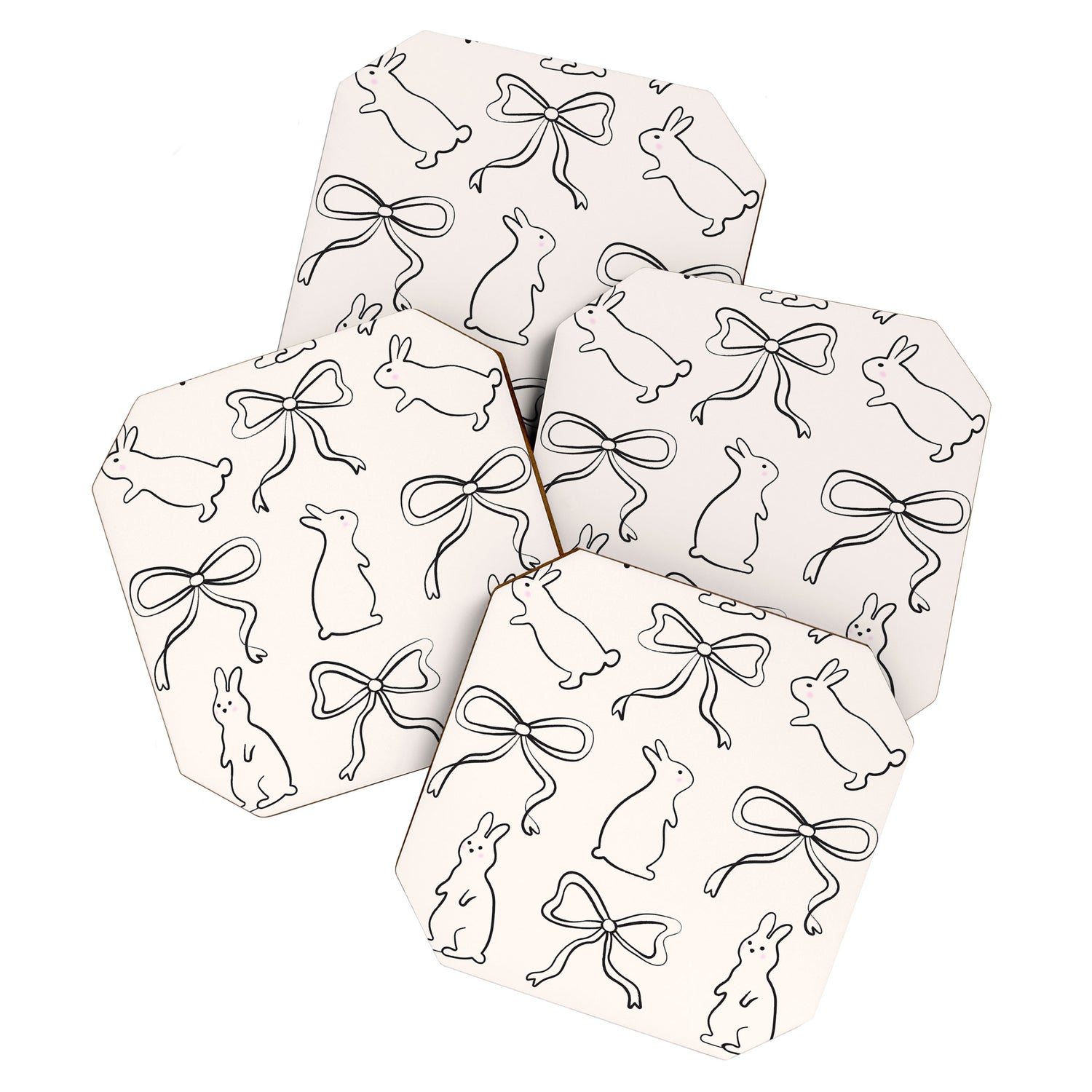 Ribbon Bows and Bunnies in Black and Linen White Coaster Gallery Image 1