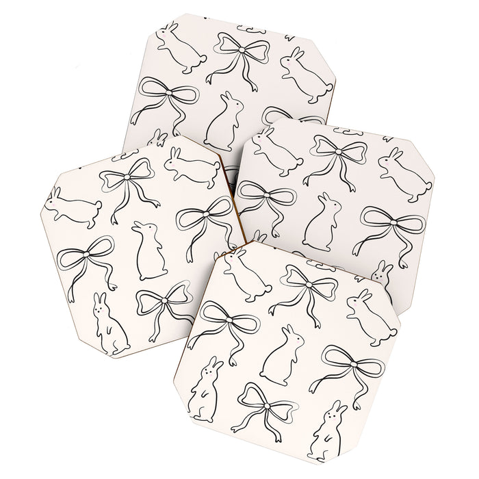 Ribbon Bows and Bunnies in Black and Linen White Coaster Gallery Image 1
