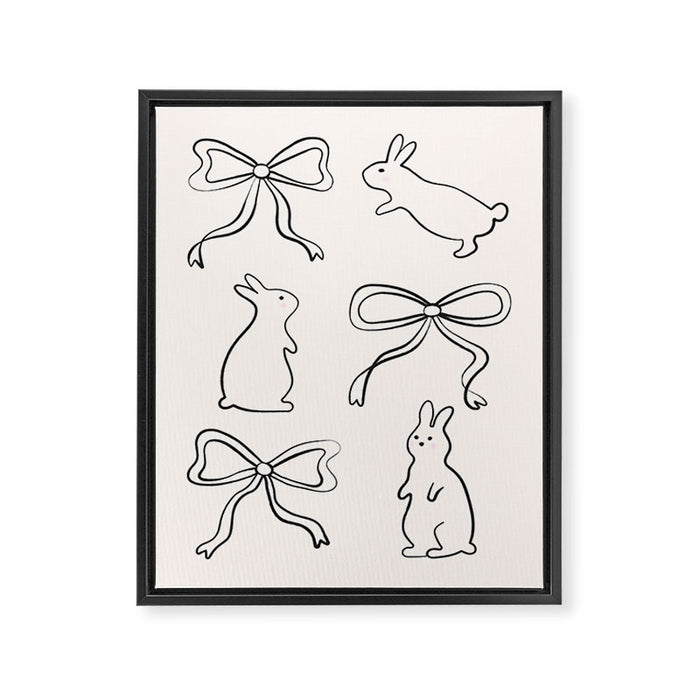 Ribbon Bows and Bunnies in Black and Linen White Framed Canvas Print Gallery Image 1