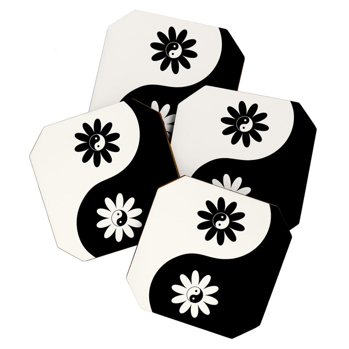 Yin Yang Flower in Black & White Coaster Gallery Image 1