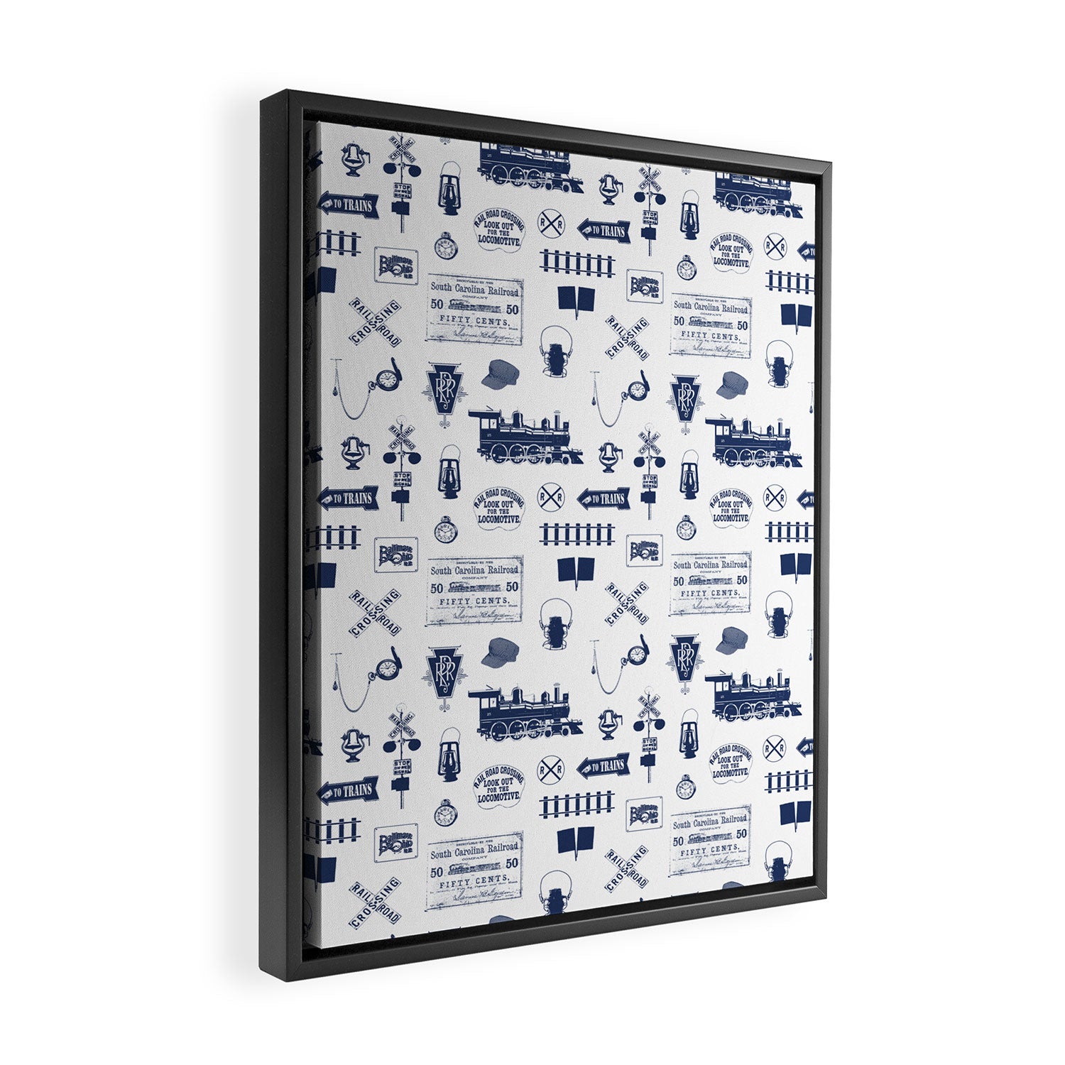 Railroad Symbols // Navy Blue Framed Canvas Print Gallery Image 2
