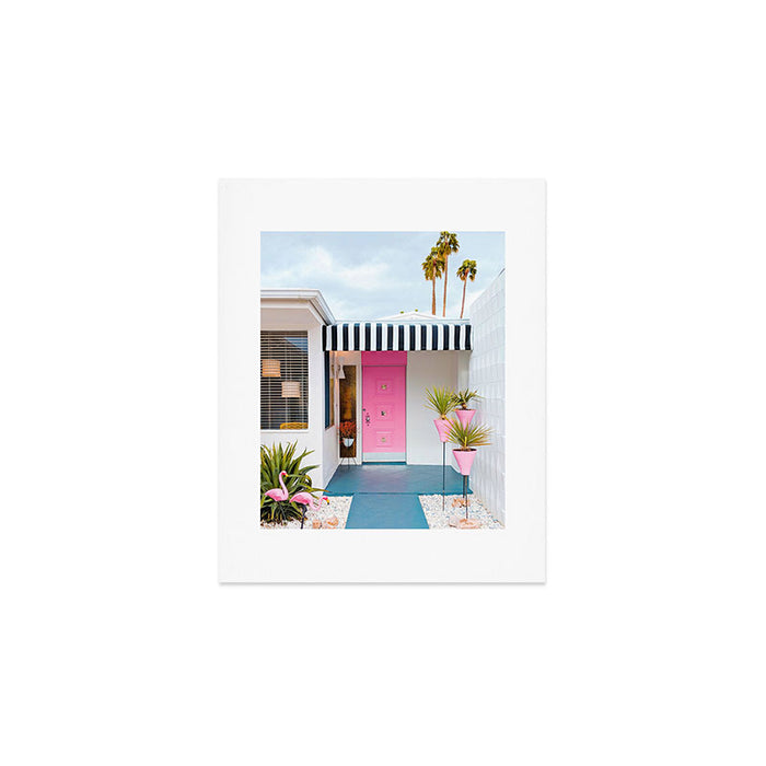Cute Pink Door with Yard Flamingos in Palm Springs Art Print Gallery Image 1