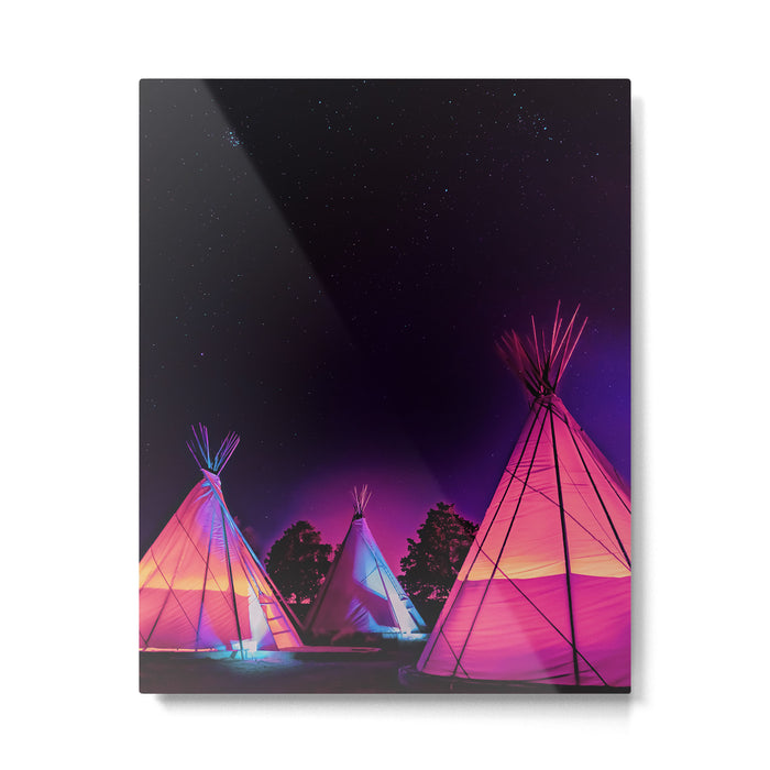 Teepees Glowing at Night Under the Stars Metal Print Gallery Image 1