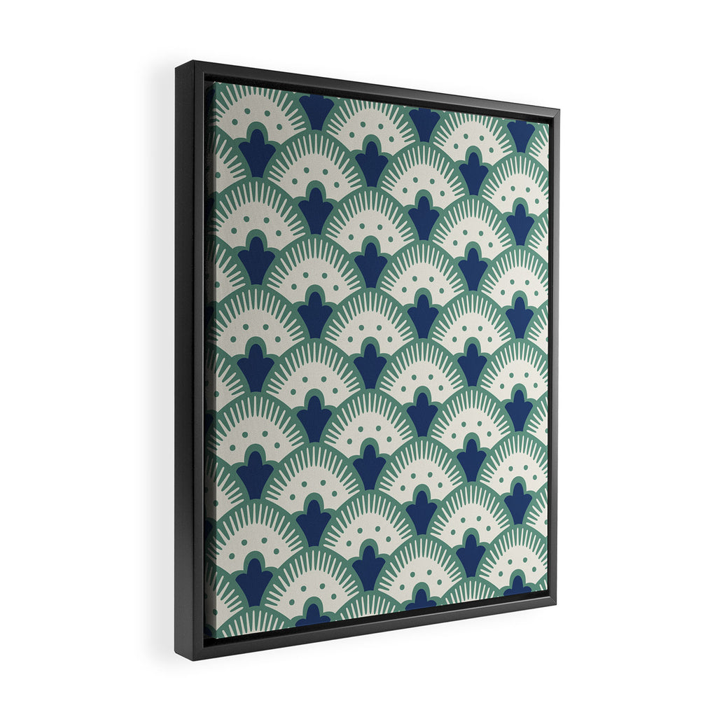 Art Deco Fan Pattern Blue/Green Framed Canvas Print Gallery Image 2