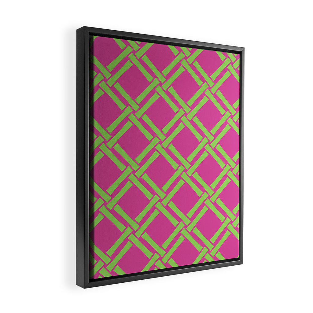 Classic Bamboo Trellis Pattern 240 Hot Pink and Chartreuse Framed Canvas Print Gallery Image 2