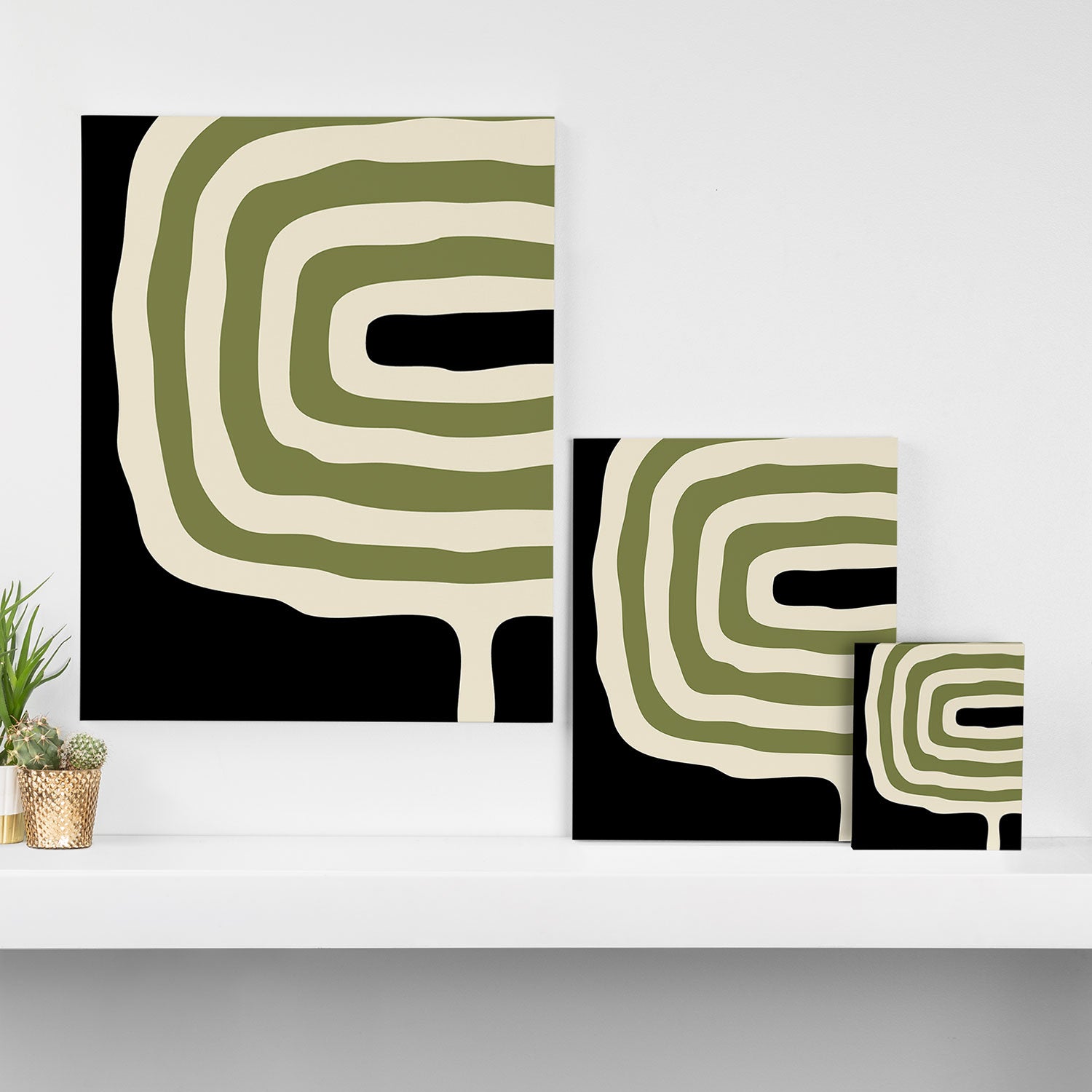 Abstract Geometric Rings 234 Black Olive Green and Beige Canvas Print Gallery Image 3