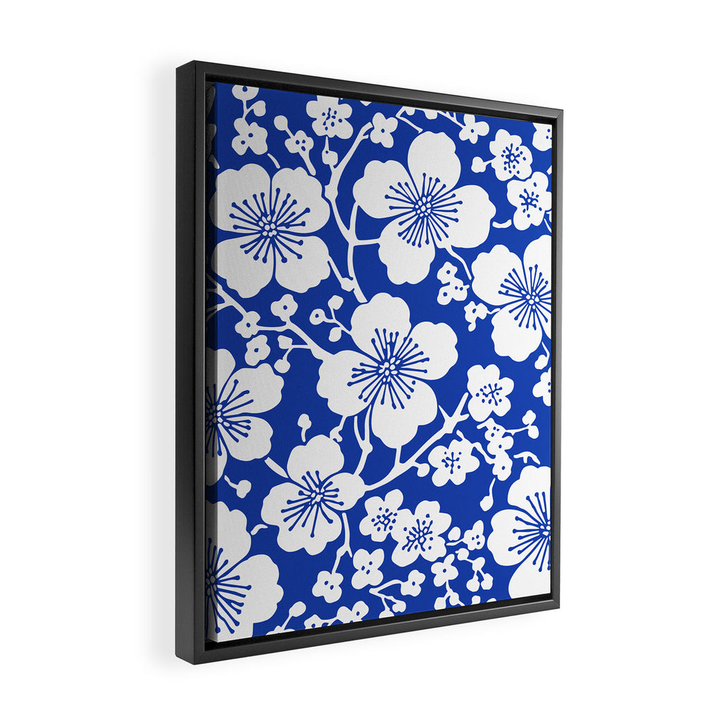 Cherry Blossoms Pattern Blue Framed Canvas Print Gallery Image 2