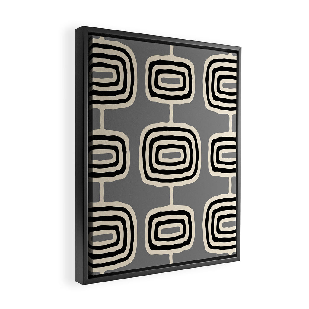 Mid Century Modern Atomic Rings Pattern 233 Black Beige and Gray Framed Canvas Print Gallery Image 2